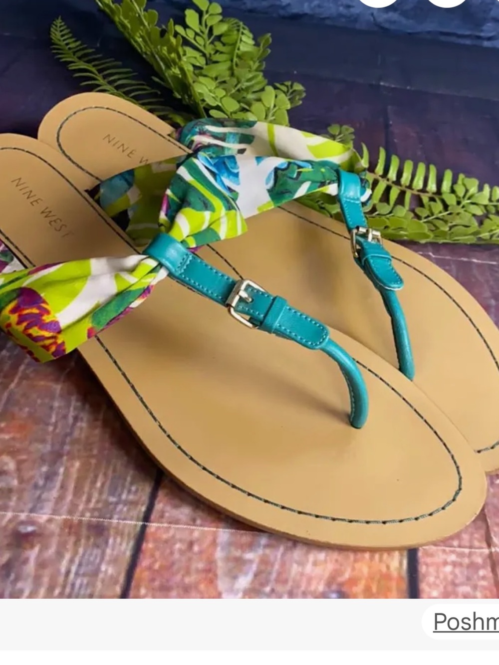 Nine West Teal Bow Thong Sandals with Multicolor Floral Bow